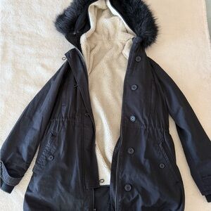 Black Hooded Coat with Faux Fur Trim